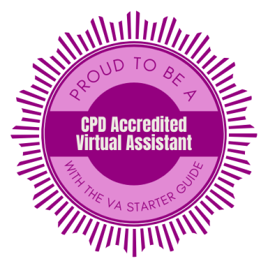 Purple badge stating "Proud to be a CPD Accredited Virtual Assistant with the VA Starter Guide."